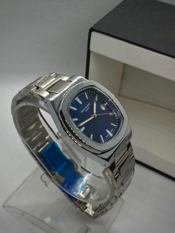 MEN'S PTK PHPE NEW NAUTILIUS DATE ADJUST SILVER CHAIN WITH BLUE DIAL