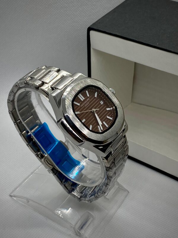 PTK PHPE NAUTILIUS DATE ADJUST SILVER CHAIN WITH BROWN DIAL