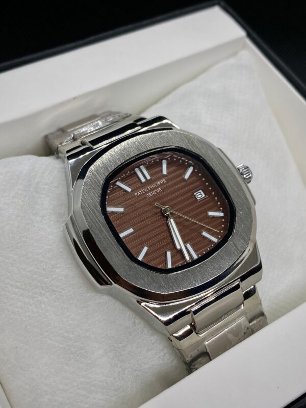 PTK PHPE NAUTILIUS DATE ADJUST SILVER CHAIN WITH BROWN DIAL