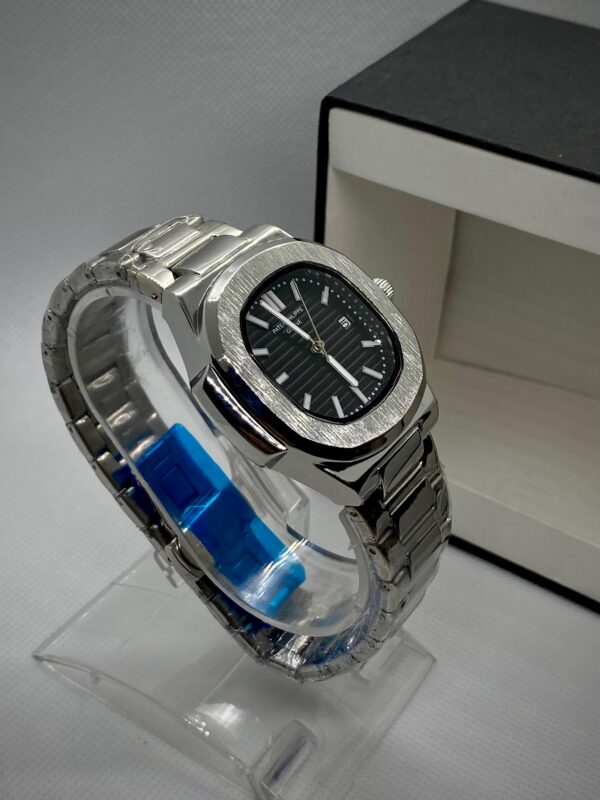 PTK PHPE NAUTILIUS DATE ADJUST SILVER CHAIN WITH BLACK DIAL