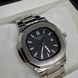 PTK PHPE NAUTILIUS DATE ADJUST SILVER CHAIN WITH BLACK DIAL