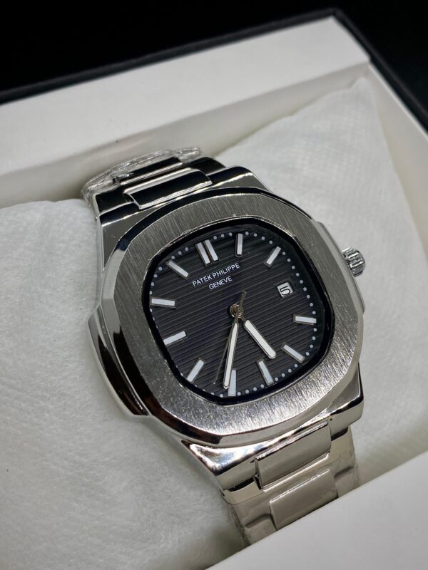 PTK PHPE NAUTILIUS DATE ADJUST SILVER CHAIN WITH BLACK DIAL