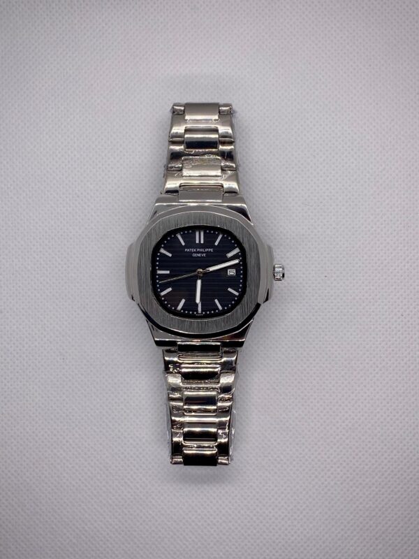 PTK PHPE NAUTILIUS DATE ADJUST SILVER CHAIN WITH BLACK DIAL