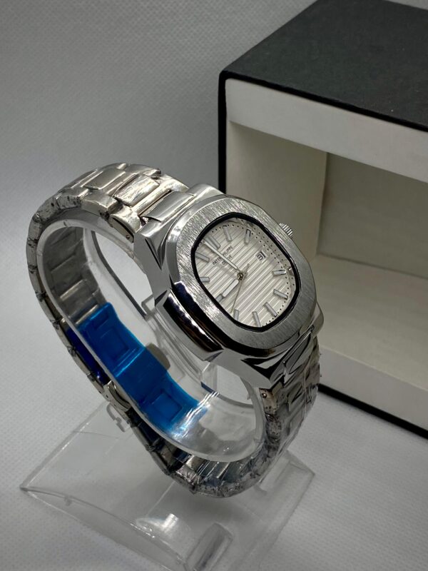 PTK PHPE NAUTILIUS DATE ADJUST SILVER CHAIN WITH WHITE DIAL